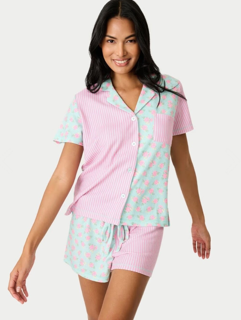 P.J. Salvage Secret Garden Striped Floral Knit Pajama Set In Pink Mint, NWT, XL - Picture 2 of 6